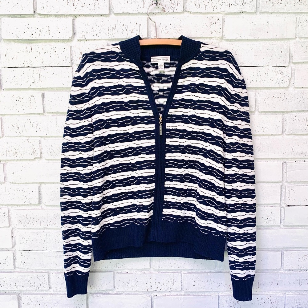St. John White and Blue Nautical Cardigan Sweater